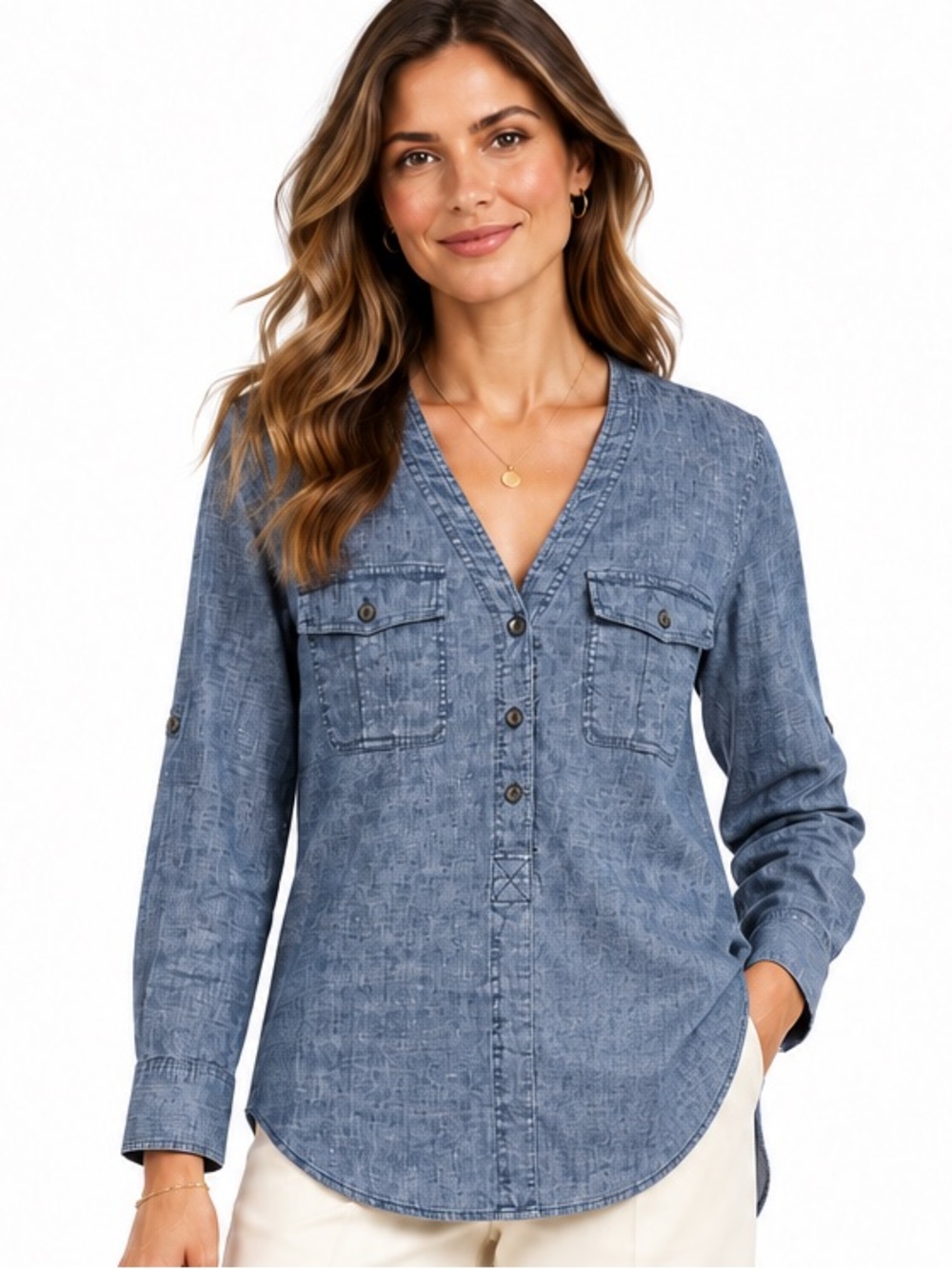 Theory SZ M Blue Chambray V-Neck Button Pullover Tunic/Bust 41”/PTP 20.5” flat